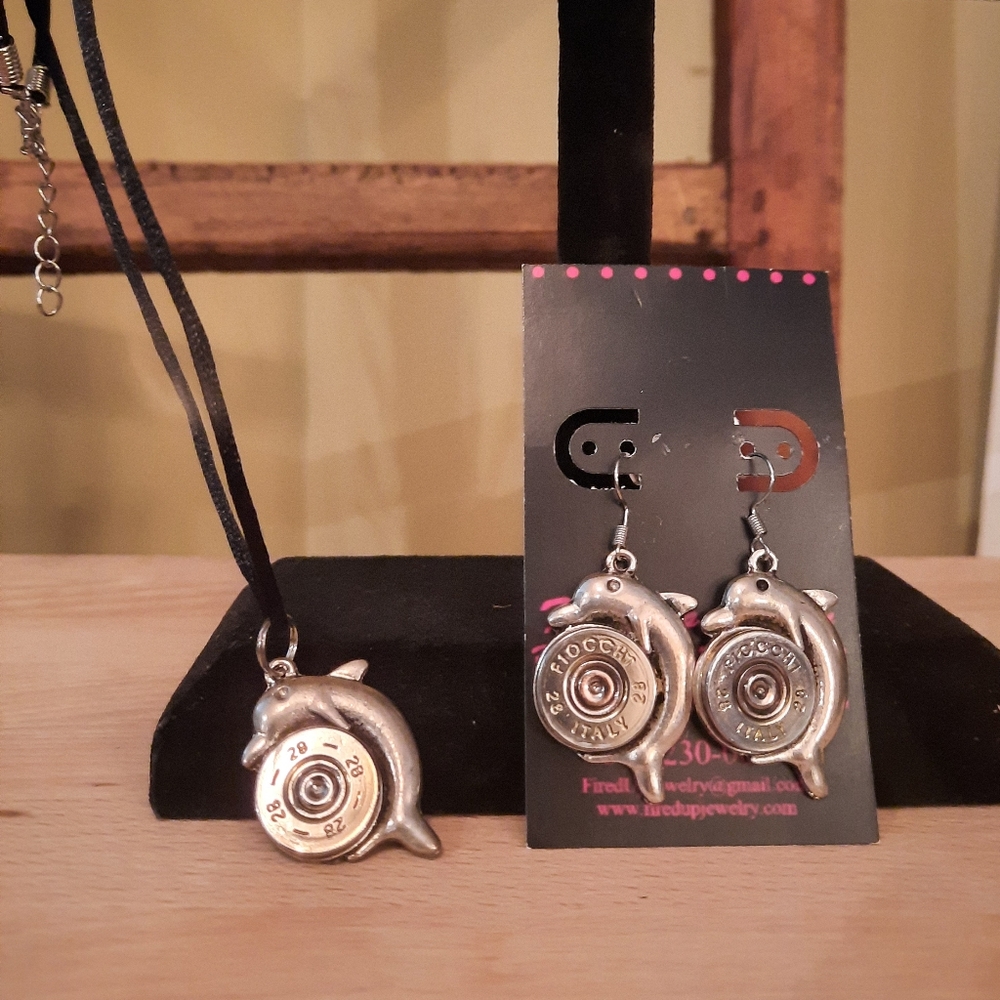 Silver Dolphin Shotgun Shell Necklace & Earring Set